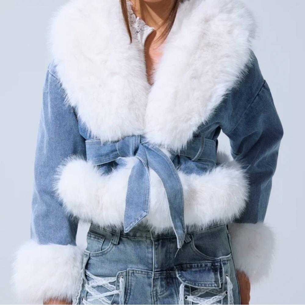 AKIRA Blue Denim Jacket with White Faux Fur